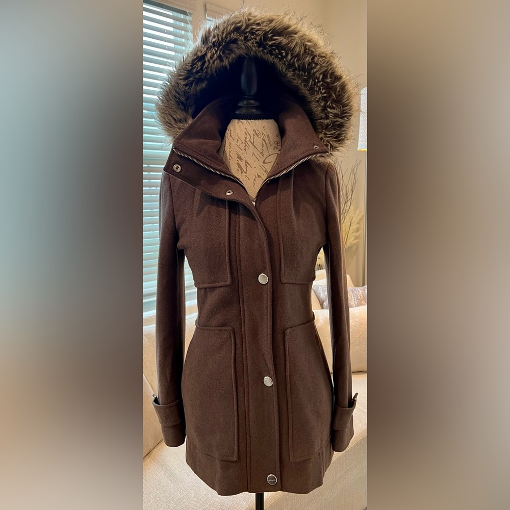 Kenneth Cole Wool Blend Pea Coat Faux Fur Lined Detachable Hood Button Zipper